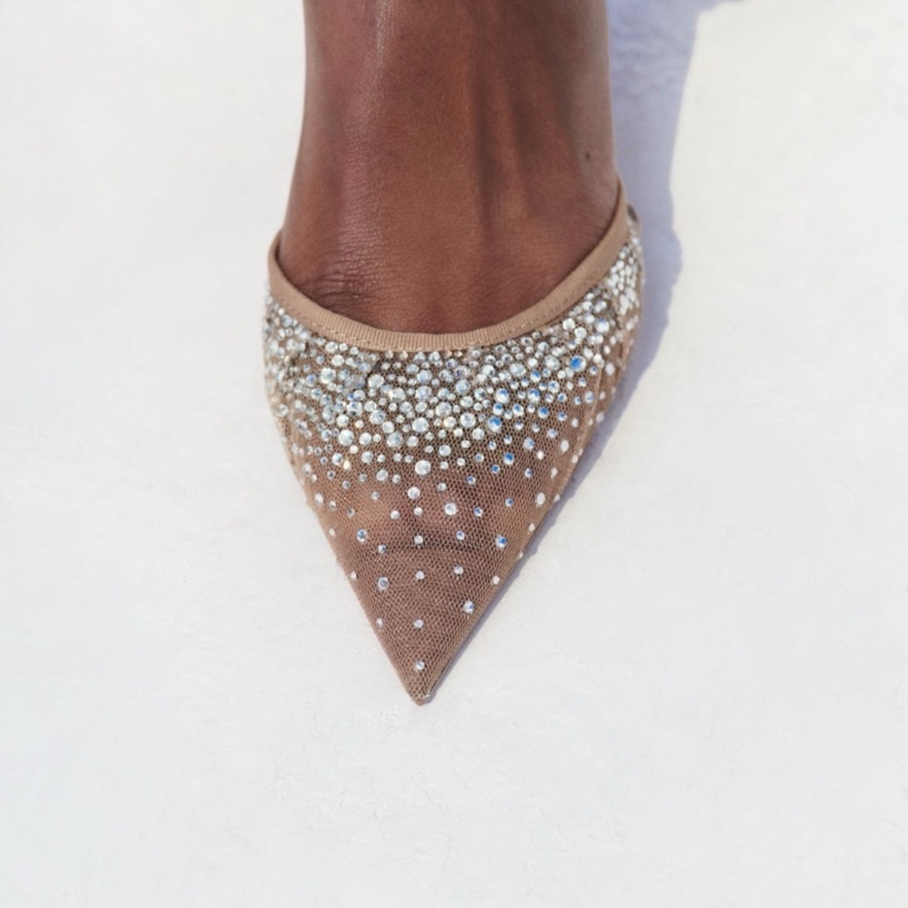 ZARA MESH HIGH-HEEL SLINGBACK SHOES WITH EMBELLISHED RHINESTONES
